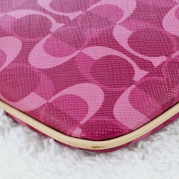 COACH Fushia Signature Logo Canvas and Leather Top Zip Wristlet Wallet Organizer - Picture 9 of 16